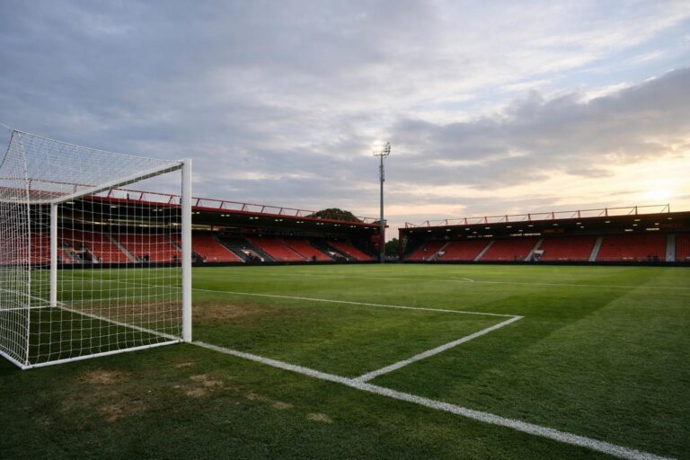 An empty pitch of bournemouth's vitality stadium with just one goal visible and no writing on the stands