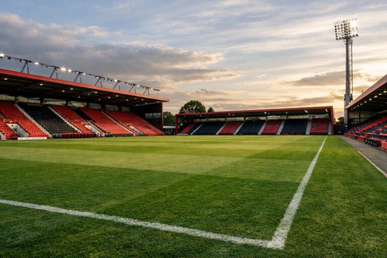 An empty pitch of Bournemouth's stadium with no writing on the stands, remove the goal from the side of the pitch